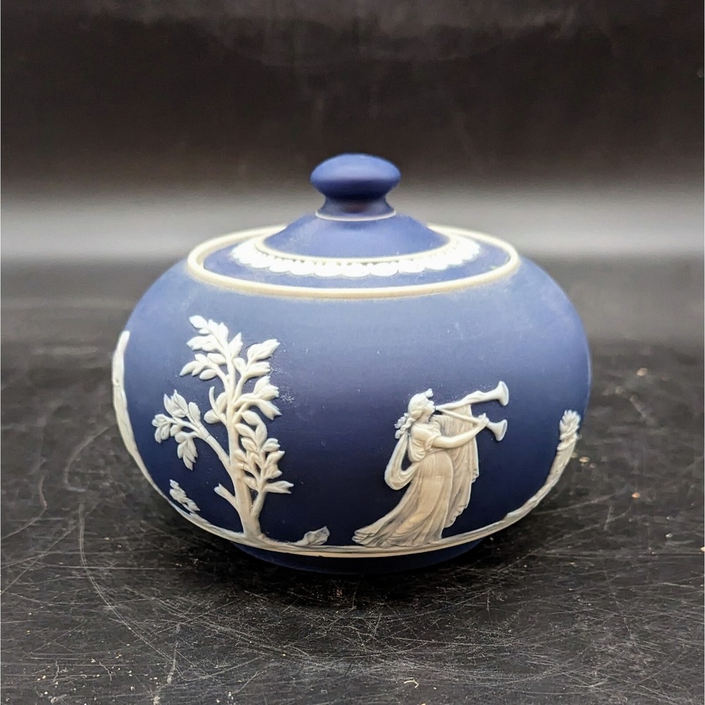 Antique Adams Jasperware Tunstall England Cobalt Blue Sugar‎ Bowl Lid England